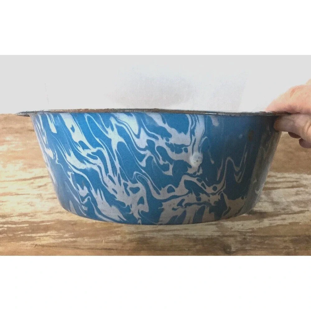 Antique vintage enamelware enameled swirl blue white basin bowl chippy farmhouse